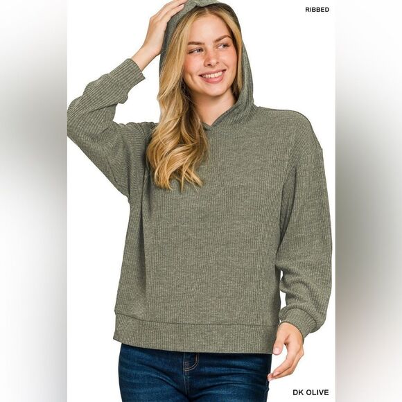 Zenana Outfitters Tops - Zenana Outfitters Ribbed Dark Olive Hoodie style hrt2651y